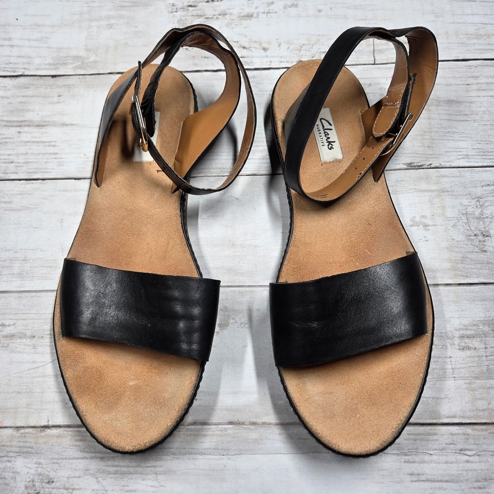 Clarks Narrative Leather Flat Ankle Strap Sandal Women 10 Black Buckle Open Toe